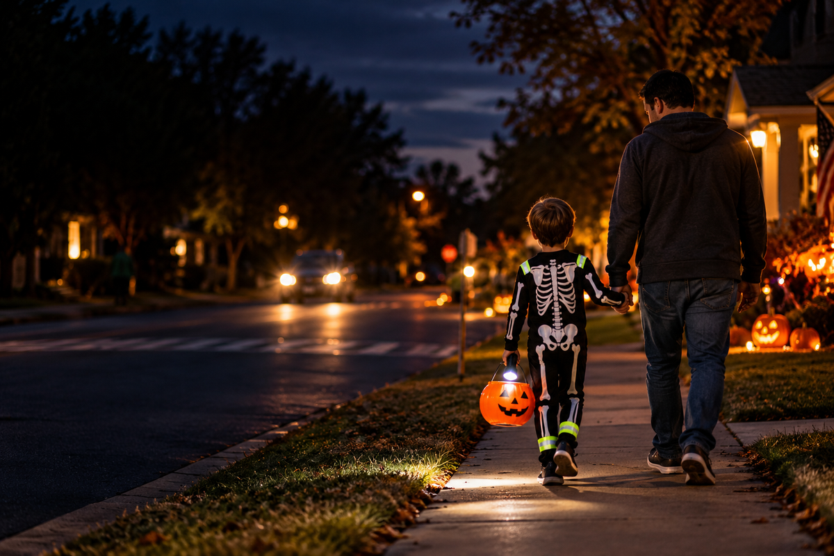 Father and child trick-or-treating at night on a residential street — Halloween pedestrian safety awareness