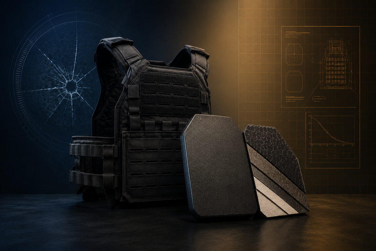 Ballistic body armor plates and tactical plate carrier illustrating the new NIJ 0101.07 body armor standard
