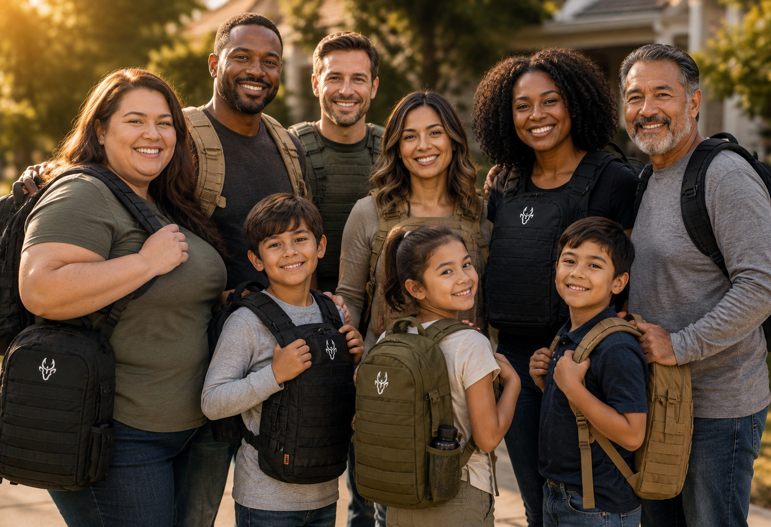 A diverse group of adults and children smiling outdoors wearing Universe Armor tactical backpacks and plate carriers.