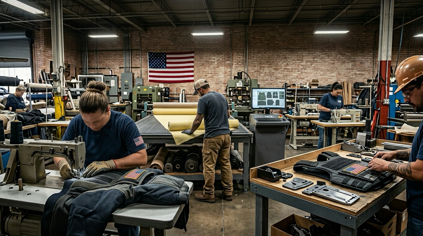 American factory workers crafting high-quality body armor and tactical gear using industrial sewing machines and automated Kevlar cutting equipment.