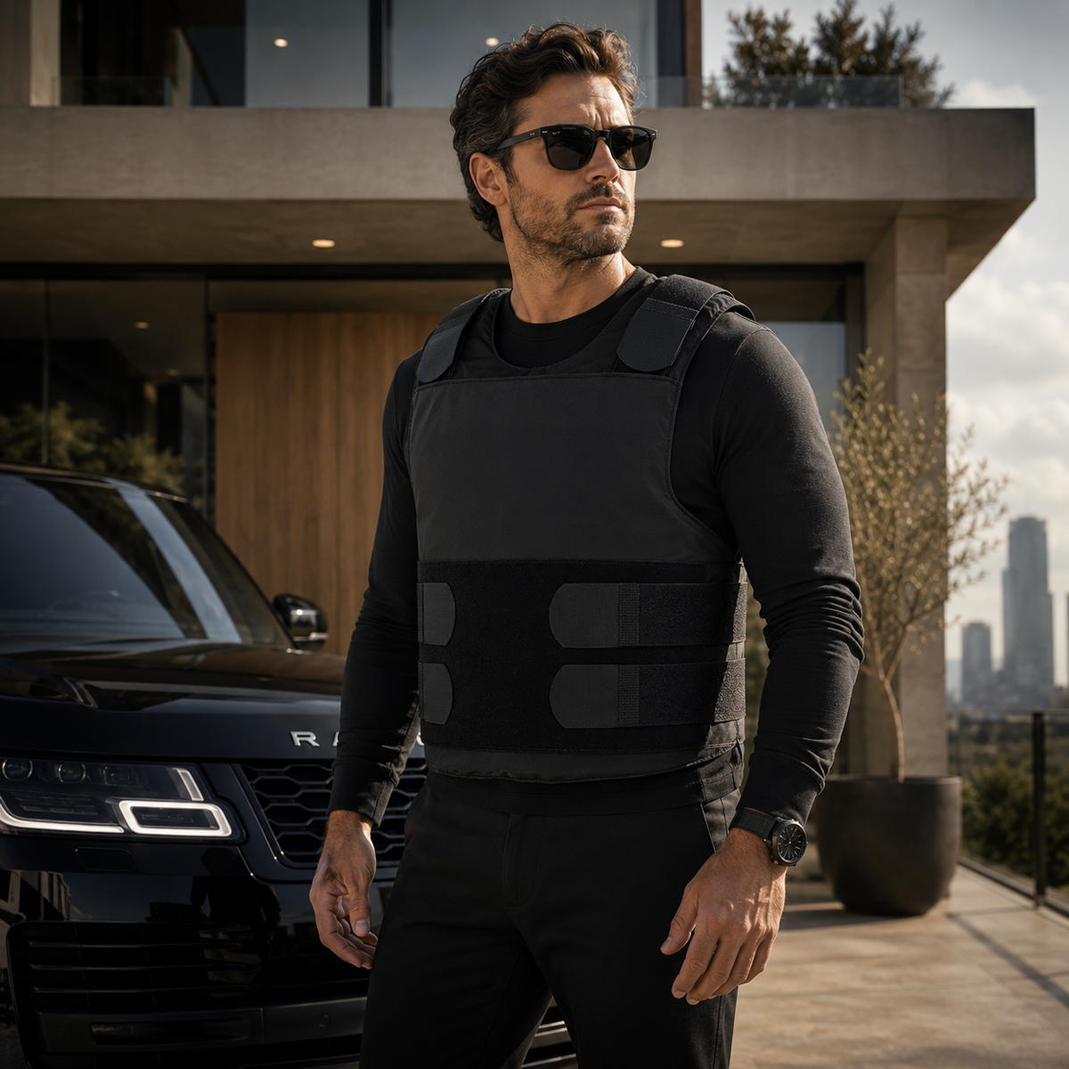 Black tactical body armor vest worn by a man in a modern urban setting