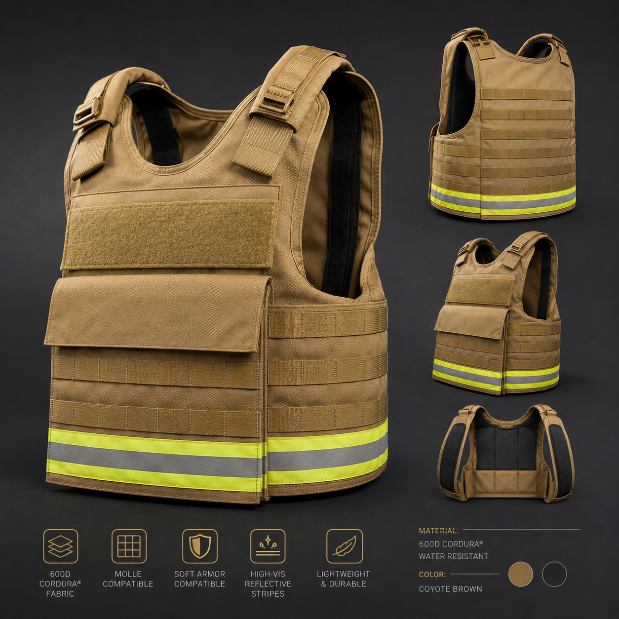 Universe Armor Defender tactical carrier vest in Coyote Brown featuring high-visibility reflective stripes, MOLLE webbing, and 600D Cordura fabric.