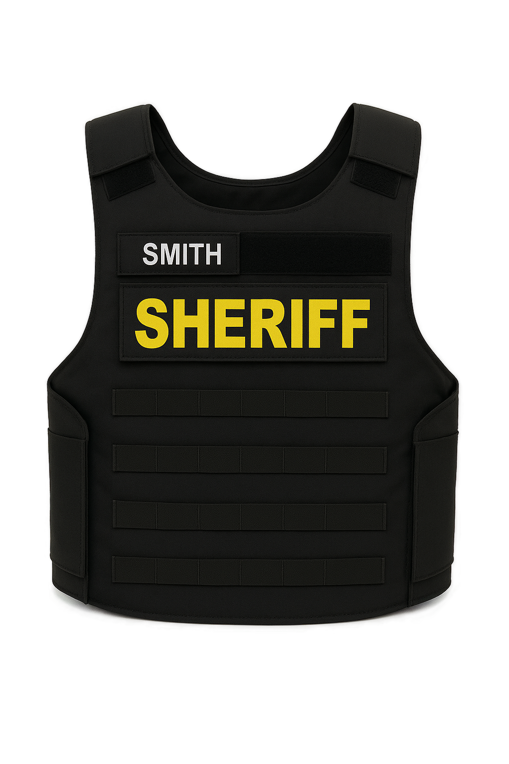 Custom ID patch attached to black tactical vest - Universe Body Armor