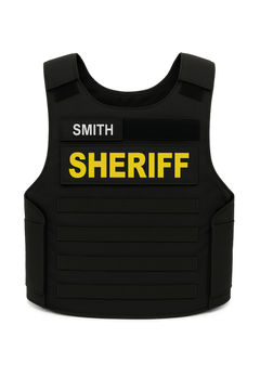 Custom ID patch attached to black tactical vest - Universe Body Armor