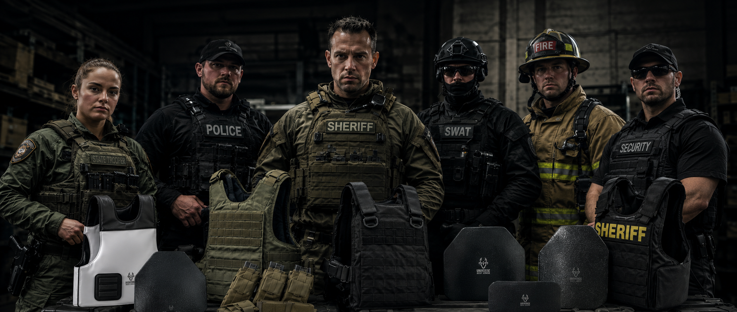 Five law enforcement officers in tactical gear stand together in a dim industrial setting, each holding or wearing a black tactical vest and shield. Visible text on the vests includes POLICE, SWAT, SHERIFF, and SECURITY.