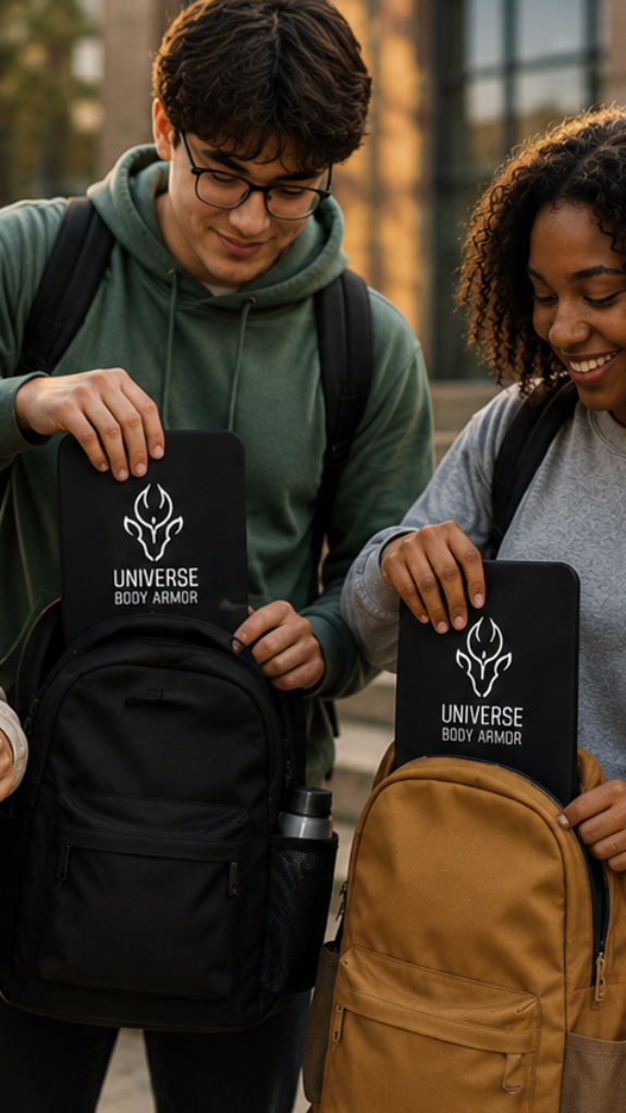 Diverse group of high school or college students outdoors placing Universe Body Armor bulletproof inserts into their everyday backpacks.
