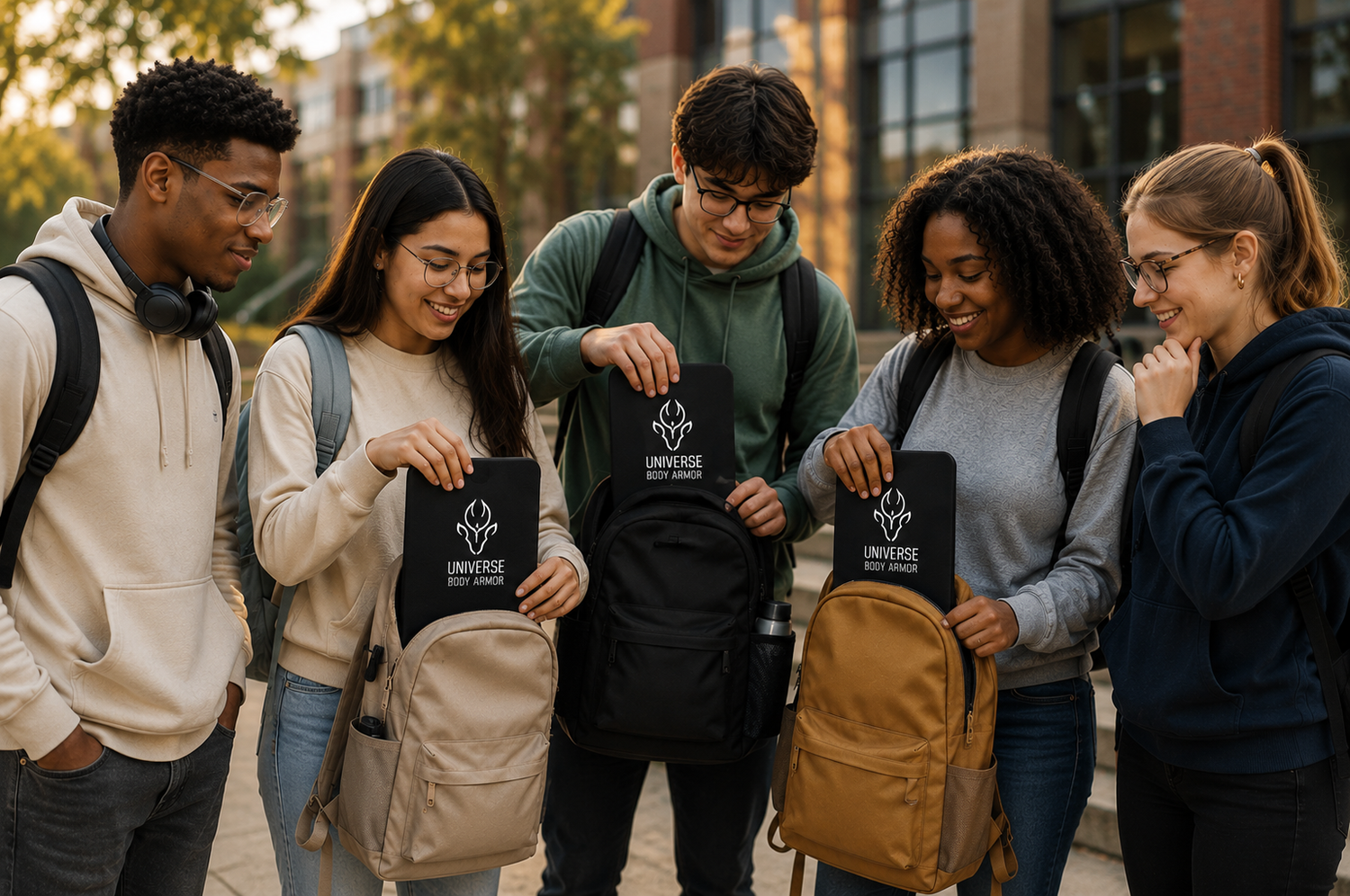 Five young adults standing together outdoors on a campus walkway, each holding a black tote bag with a white 'UNIVERSE IS MY WIZARD' graphic. They are wearing backpacks and casual hoodies, with blurred buildings and trees in the background.