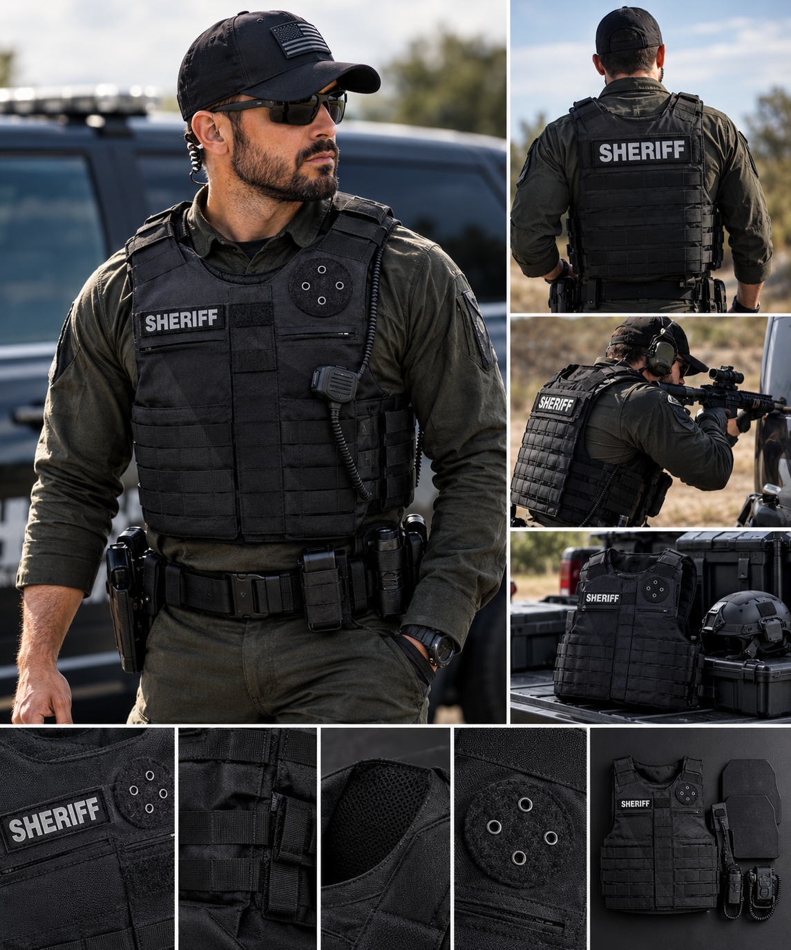 Law enforcement officer wearing the Universe Armor Minotaur outer carrier tactical vest in black, featuring MOLLE webbing and Sheriff patch.