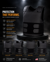 A black Universal Armor vest shown on a dark studio background with marketing text, feature icons, and smaller front/back/side views along the bottom.