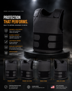 A black Universal Armor vest shown on a dark studio background with marketing text, feature icons, and smaller front/back/side views along the bottom.