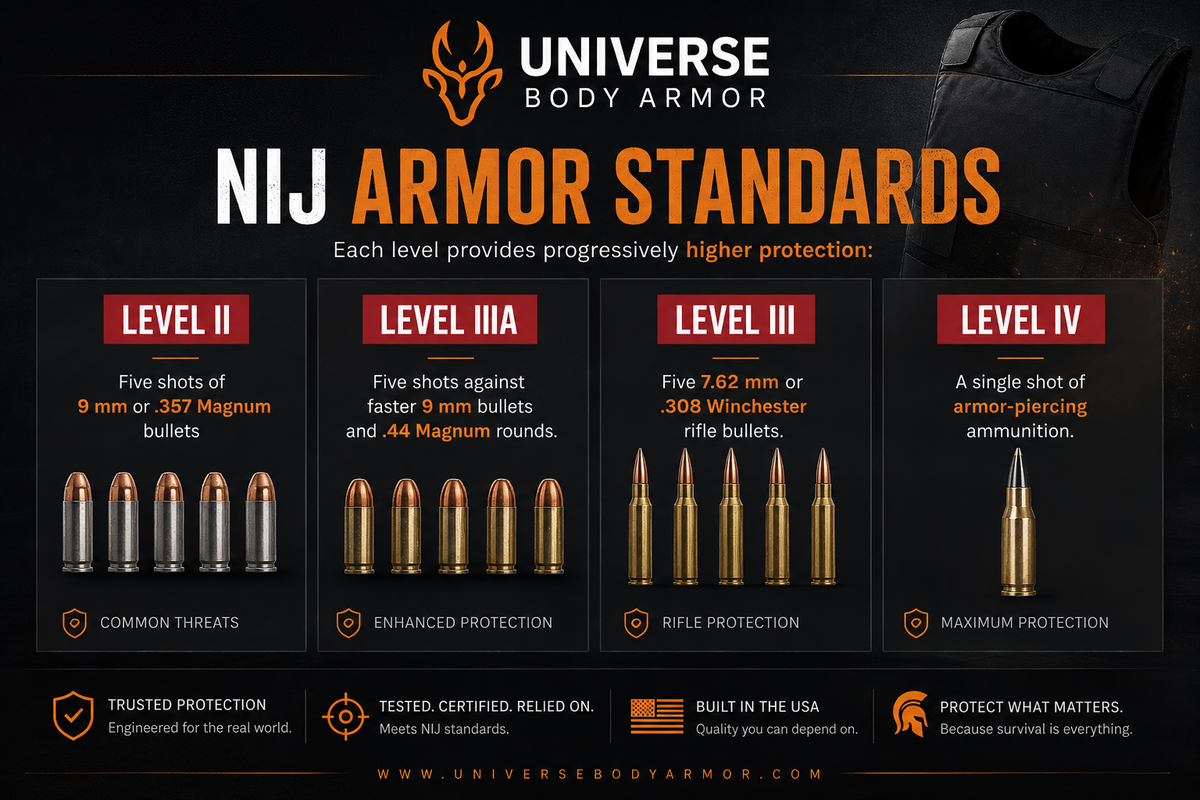 Universe Body Armor NIJ Armor Standards chart comparing protection levels II, IIIA, III, and IV for handgun and rifle threats.